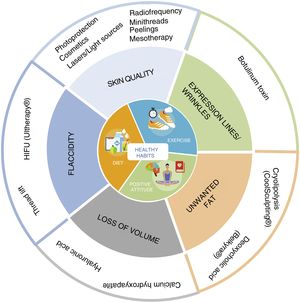 Diagram of the Skin Age Management (SAM) Protocol. At the center of the wheel are recommendations for a healthy lifestyle, a vital component of any treatment intended to achieve elegant and discreet aging. The outer ring shows the different treatments available for each indication. Any approach to facial aging should start with skin quality, then address expression lines, and continue, if necessary, with the other treatment options indicated. HIFU indicates high-intensity focused ultrasound.