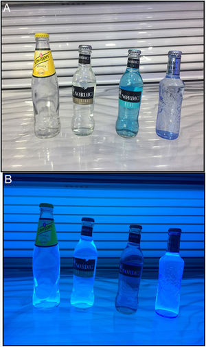 Three different commercial brands of tonic water (A) were exposed to ultraviolet light (B).
