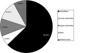 Distribution of the location of cases of skin cancer detected. The sector graph shows the frequency in percentage of location on the head and neck, upper extremities, lower extremities, back and anterior torso out of the total number of patients.
