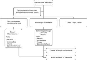 Algorithm of the course of action for patients with CAP who do not respond to initial antimicrobial treatment.