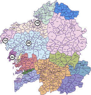 Distribución territorial de las áreas sanitarias del Sergas. 1A: Hospital comarcal de Cee; 1B: su hospital de referencia, CHUAC en A Coruña; 2A: Hospital comarcal de Barbanza, en Riveira; 2B: su hospital de referencia, CHUS en Santiago de Compostela.