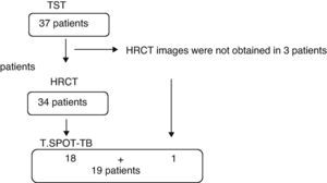 Procedures applied in the 37 patients included in the study. TST: tuberculin skin test, HRCT: high-resolution computed tomography.