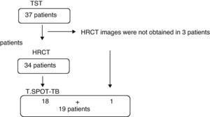 Procedures applied in the 37 patients included in the study. TST: tuberculin skin test, HRCT: high-resolution computed tomography.