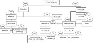 Algorithm for interpreting the respiratory function tests. FEV1: forced expiratory volume in 1s; FVC: forced vital capacity; LLN: lower limit of normal; TLC: total lung capacity.