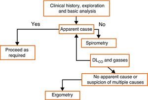 Algorithm of lung function test use for evaluating dyspnea.
