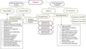 Algorithm for therapeutic intervention in smokers with COPD. BP: bupropion; NRT: nicotine replacement therapy; VRN: varenicline.