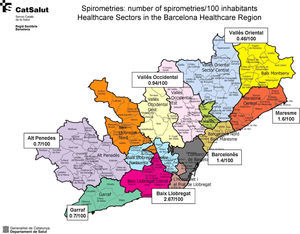 Spirometry rates per 100 inhabitants in the Barcelona healthcare region.