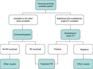 Diagnostic algorithm for the hemodynamically unstable patient with suspected pulmonary embolism. Angio-CT, computed tomography angiography; PE, pulmonary embolism; RV, right ventricle.