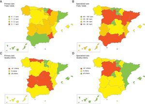 Number of spirometry tests per week (A and B) and compliance with quality criteria (C and D) in PC (A–C) and SC (B–D).