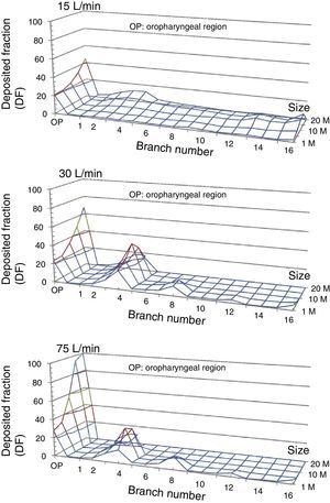 Deposited fraction in the airway model (DF) for particles 1, 5, 10, 15 and 20μm in diameter, using inhalation flows of 15, 30 and 75l/min. Note how, as the inhalation flow increases, the particles tend to become trapped in the oropharyngeal region (OP) and in the first bronchial generations.