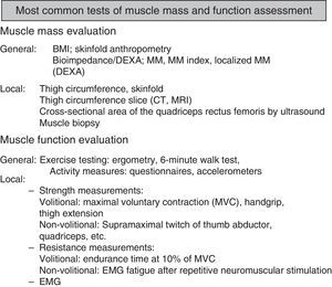 List of the most commonly used tests in routine clinical practice for evaluating muscle mass and dysfunction. Tests are classified as general or specific for evaluating muscle mass and function.
