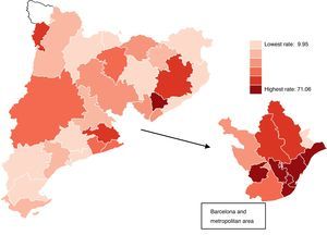 Map of standardized home mechanical ventilation rates in patients aged over 40 years (2008–2011).