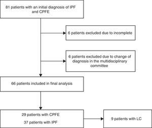 Patient screening flow chart. CPFE: combined pulmonary fibrosis and emphysema; LC: lung cancer; DILD: diffuse interstitial pulmonary disease; IPF: idiopathic pulmonary fibrosis.