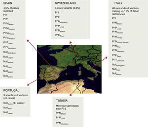 Distribution and estimated frequency of rare and null genotypes in the Iberian Peninsula, Switzerland, Italy and Tunisia.7