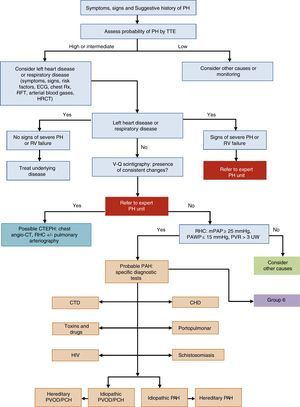 Diagnostic algorithm for pulmonary hypertension. CHD: congenital heart disease; CT: computed tomography; CTD: connective tissue disease; CTEPH: chronic thromboembolic pulmonary hypertension; ECG, electrocardiogram; HIV: human immunodeficiency virus; HRCT: high-resolution computed tomography; mPAP: mean pulmonary arterial pressure; PAH: pulmonary arterial hypertension; PAWP: pulmonary arterial wedge pressure; PCH: pulmonary capillary hemangiomatosis; PH: pulmonary hypertension; PVOD: pulmonary veno-occlusive disease; PVR: pulmonary vascular resistance; RFT: respiratory function tests; RHC: right heart catheterization; RV: right ventricle; Rx: chest X-ray; TTE: transthoracic echocardiography; V-Q: ventilation–perfusion; WU: Wood units.