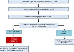Diagnostic algorithm for pulmonary hypertension. CTEPH: chronic thromboembolic pulmonary hypertension; CT: computed tomography; PAH: pulmonary arterial hypertension; PH: pulmonary hypertension; V-Q: ventilation–perfusion.