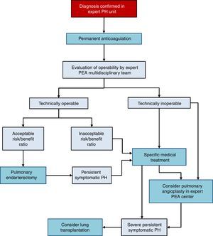 Therapeutic algorithm for chronic thromboembolic pulmonary hypertension. PEA: pulmonary endarterectomy; PH: pulmonary hypertension.