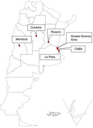 Geographic location of the urban clusters selected for the study. La Plata (9.8 meters above sea level [masl]), Rosario (22.5 masl), Autonomous City of Buenos Aires-CABA (16 masl), Greater Buenos Aires (North Region, 16 masl), Cordoba (106 masl) and Mendoza (746 masl).