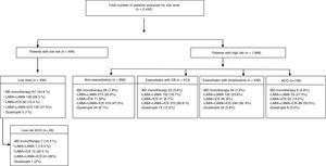 Pharmacological treatment by risk level and GesEPOC clinical phenotype. ACO: asthma-COPD overlap; BD: bronchodilator; CB: chronic bronchitis; LABA/ICS: long-acting beta-2 adrenergic agonist/inhaled corticosteroid; LABA/LAMA: long-acting beta-2 adrenergic agonist/long-acting muscarinic antagonist; LABA: long-acting beta-2 adrenergic agonist; LAMA/LABA/ICS: long-acting muscarinic antagonist/long-acting beta-2 adrenergic agonist/inhaled corticosteroid; LAMA: long-acting muscarinic antagonist; Quadruple: long-acting muscarinic antagonist/long-acting β-2 adrenergic agonist/inhaled corticosteroid/other drug (roflumilast or theophylline or long-term antibiotic).