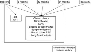 Variables and samples collected in the different study phases. The study will run for at least 10 years. Chest CT will be performed at baseline and every 5 years. Methacholine challenge and induced sputum will be performed at baseline and every 2 years. CT: computed tomography; EBC: exhaled breath concentrate; SPT: skin prick tests.