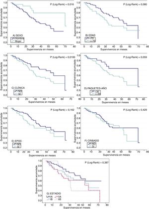 Survival functions for (A) sex, (B) age (older or younger than 70 years at diagnosis), (C) clinical symptoms suggestive of lung cancer, (D) tobacco consumption in pack-years, (E) presence or absence of COPD, (F) compliance or non-compliance with criteria for lung cancer screening, and (G) stage at diagnosis.