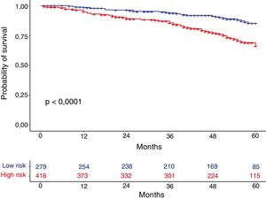 Kaplan–Meier estimates of mortality at 60 months according to GesEPOC guideline risk groups.