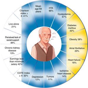 Characterization of patients with chronic obstructive pulmonary disease in the Canary Islands. Diagram adapted from various studies conducted in the archipelago. COTE: COPD-specific co-morbidity test; HTN: hypertension.