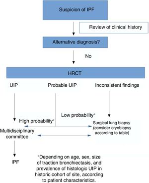 Proposed amendment of the diagnostic algorithm for idiopathic pulmonary fibrosis. HRCT: high-resolution computed tomography; IPF: idiopathic pulmonary fibrosis; UIP: usual interstitial pneumonia.