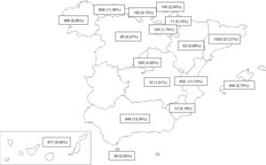 Total and percentage distribution of tuberculosis cases contributed to the Integrated Tuberculosis Research Program by each autonomous community between 2006 and 2016.