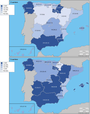 Distribution of Z and S carriers in the country. Results expressed as absolute count with percentages of the samples in the region in parentheses. The map used to make this figure is protected by copyright. They are modifiable and free for any use as long as the exact URL where the original map comes from is mentioned (https://d-maps.com/) and the number of maps used is limited to 10 per publication.