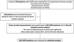 Flowchart showing the inclusion of patients for the final statistical analysis. CT=Computed Tomography; HU=Hounsfield Units; SD=Standard Deviation.