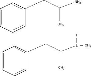 Estrutura química da anfetamina (imagem superior) e da MA (imagem inferior).
