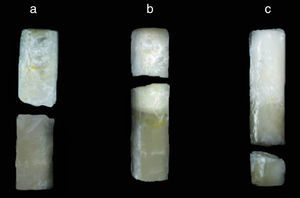 Failure on the resin A1/resin A3.5 interface (a). Cohesive failure on composite corresponding to resin A1 (b). Cohesive failure on composite corresponding to resin A3.5 (c).