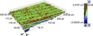 3D profilometry image of the base region of the external connection implant (CE4), after TCML, in an area of measurement of 320μm×240μm.