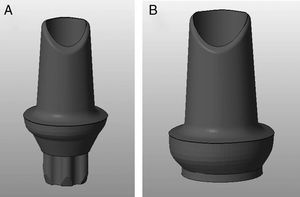 Profile digital design of the Syntesis® abutments for internal connection (Aurea® RP) (A) and external connection (BNT® S4) (B).