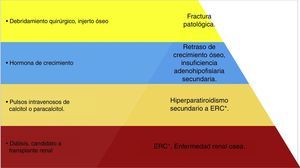 Jerarquización en el manejo del tumor pardo en paciente pediátrico. Esquema de manejo terapéutico del paciente en donde se jerarquizan los problemas; se observa que la base del tratamiento es el control de la enfermedad renal crónica con la diálisis y el trasplante renal; y el puntal del tratamiento será la colocación del injerto óseo. (Elaborado por: Juan Miguel Alemán I. Tomado de: Rosenberg et al.4).