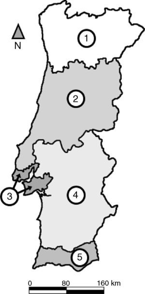 Divisão sub‐regional de Portugal continental (NUTS II): 1) Norte; 2) Centro; 3) Lisboa; 4) Alentejo; e 5) Algarve.