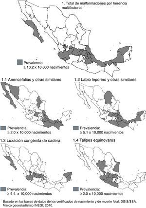 Tasas de prevalencia de malformaciones congénitas por causas de herencia multifactorial por entidad federativa. México, 2008-2012.