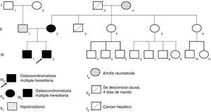 Árbol genealógico. Se muestran los casos de osteocondromatosis múltiple hereditaria en la madre y dos hijos.
