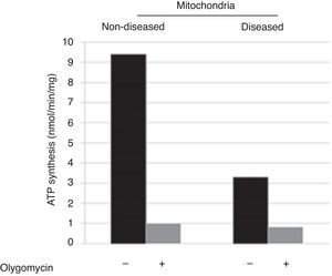 ATP-synthesis in skin fibroblasts isolated mitochondria showed a decrease of ≥ 60%, which corroborates the mitochondriopathy.
