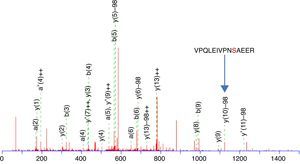 MS/MS fragmentation of YKVPQLEIVPNSAEER alpha-S1-casein.