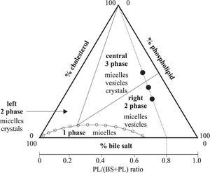 The ternary equilibrium phase diagram39 shows relative concentrations of the three major biliary lipids (cholesterol, phospatidylcholine -PL, bile salts -BS,) and defines the limits of cholesterol solubility. Phase boundaries depend on relative composition of lipids, total lipid concentration (7.3 g/dL), and temperature (37°C). Each triangular apex depicts biles made of a single lipid. Points plotting within the diagram depict biles with different composition. Depicted are a onephase (micellar) zone at the bottom, a left two-phase zone (containing micelles and crystals), a central three-phase zone (containing micelles, vesicles and crystals) and a right two-phase zone (containing micelles and vesicles). The cholesterol saturation index (CSI) has its maximum normal value set at 1 (open dots at the micellar-phase boundary) and is defined as the ratio between molar percentage of cholesterol and the maximum micellar solubility of cholesterol. It can be seen from the diagram that for CSI > 1, biles must contain at least one additional phase of cholesterol at equilibrium. On the basal axis is also depicted an axis with PL/(BS+PL) ratios. The three theoretical model biles (•) plotting on interrupted line have identical PL/(BS+PL) ratios (in this case PL/ (BS+PL) ratio = 0.8).