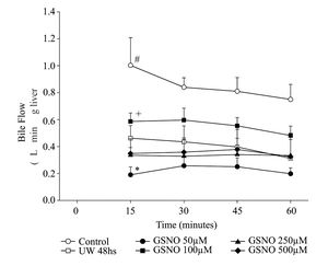 Time course of changes in bile flow of control and preserved livers, reperfused during 60 min. Values are means ± SD of group IC (n= 6), group IIP48 (n = 6) group IIIPGSNO50 (n= 5), group IVPGSNO100 (n = 5) gμp VPGSNO250 (n = 4) and group VIPGSN0500 (n = 4) <. # significant different from all groups, p < 0.05; + significant different from the other treated groups, p < 0.05; * significant lower that all groups, p < 0.05.