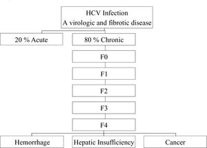 The model of fibrosis progression from infection to complications estimated key numbers of HCV natural history from literature and our database: The median time from infection (F0) to cirrhosis (F4) is 30 years. The mortality at 10 years for cirrhosis is 50%. The transition probability per year from non-complicated cirrhosis to each of the complications is around 3%.