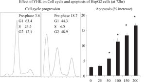 Effects of YHK on cell cycle arrest (G3M phase population) and related dose-related apoptosis enhancement as observed at 72 h. Data have been calculated over three measurements and are expressed as x±s.