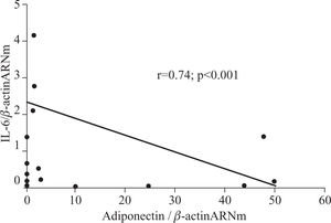 Correlation between IL-6/β-actin mRNA ratio and adiponectin/β-actin mRNA ratio (r < 0.74; P < 0.001).
