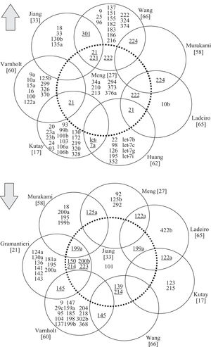 Upregulated (a) and down- regulated (b) microRNAs in hepatocellular carcinomas. Each circle represents a peer-reviewed publication of gene expression profiles in hepatocellular carcinomas. miRNAs dysregulated in multiple studies are underlined.