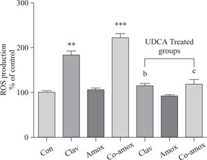 ROS production in the study groups: Control (Con), Clav, Amox and Co-amoxyclav (Co-amox) in the absence or presence of UDCA. ROS production measured by Lucigenin-enhanced chemiluminescence (5 μM) and expressed as arbitrary light unit (% of control). Values of each bar represent the mean ± SEM, (n = 8-10/group). Data comparison was performed using ANOVA followed by Bonferroni’s test. **p > 0.01; ***p > 0.001 compared with control value. Statistical difference between UDCA non-treated groups (Clav, Amox, Co-amoxyclav) and UDCA treated groups (Clav + UDCA, Amox + UDCA and Co-amoxyclav + UDCA) respectively was determined using multiple pair comparison Bonferroni’s test; bp > 0.01; cp > 0.001.