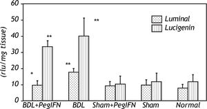 Tissue luminal and lucigenin levels. * P = 0.014 versus the bile duct ligation (BDL) group. ** P < 0.001 versus the sham + peginterferon (PegIFN), sham, and normal control groups.