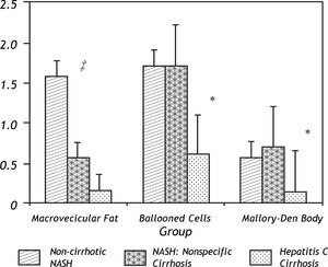 Differences in macrosteatosis, cellular ballooning and Mallory-Denk body histological scores between the three groups including the early non-cirrhotic NASH biopsy, the later paired non-specific cirrhosis specimen and the control group of hepatitis C patients who lacked metabolic syndrome.‡ Indicates a statistical trend (p = 0.07) in the loss of macrovesicular fat in the early (non-cirrhotic NASH) versus late (non-specific cirrhosis) NASH patients. * Indicates a statistically significant difference (p < 0.05) between the early or late NASH samples versus the hepatitis C group.